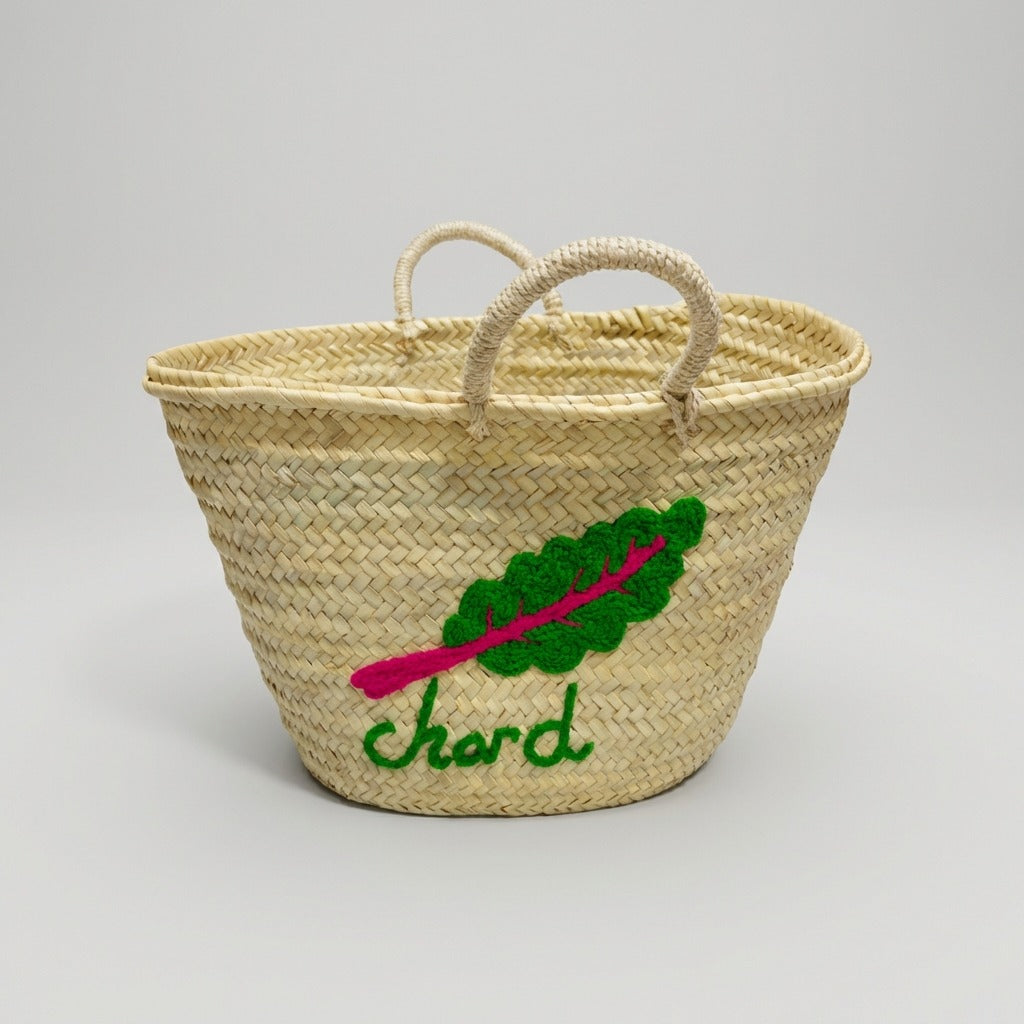 Embroidered Chard Straw Market Basket - Handwoven French Style Tote