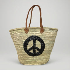 Sequin Peace Sign Straw Market Tote Bag Leather Handles