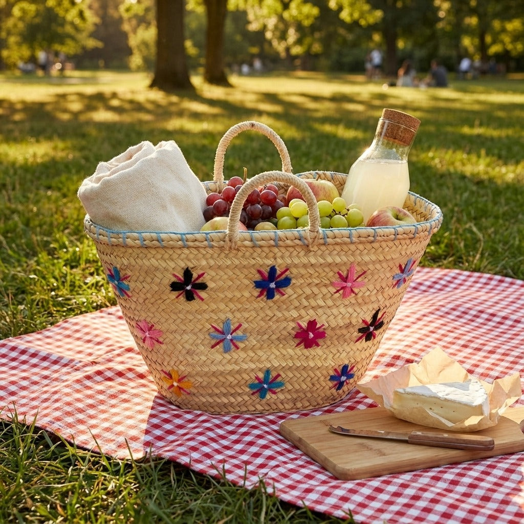 Floral Embroidered Straw Market Basket - Boho Woven Tote Bag