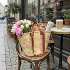 Embroidered Straw Tote Bag Floral Market Basket Leather Handles