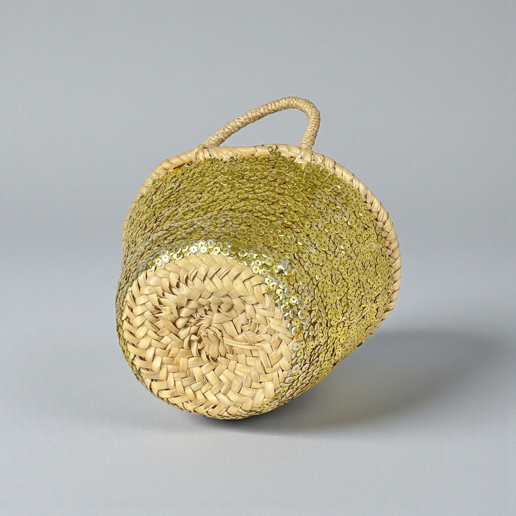 Sequin Straw Basket Mini Tote - Handmade Woven Gift Bag