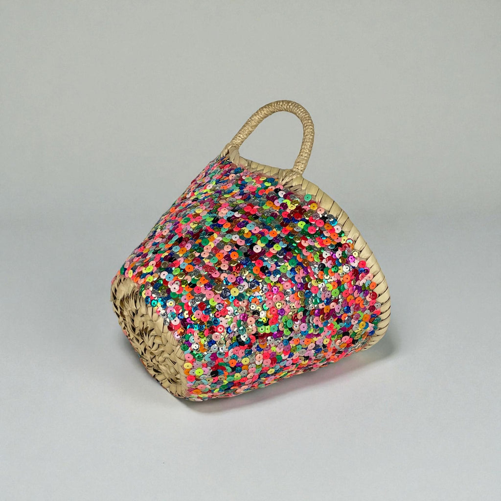 Sequin Straw Basket Mini Tote - Handmade Woven Gift Bag