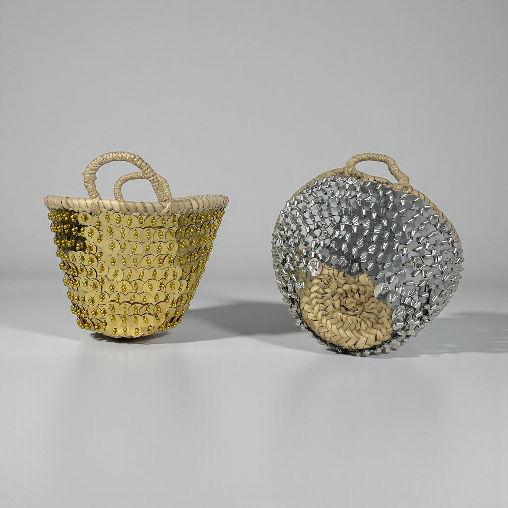 Sequin Straw Basket Set Gold Silver Boho Storage Decor