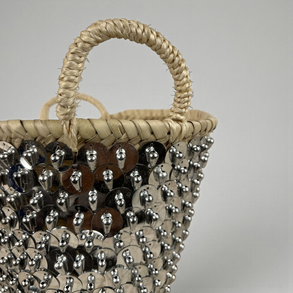 Sequin Straw Basket Set Gold Silver Boho Storage Decor