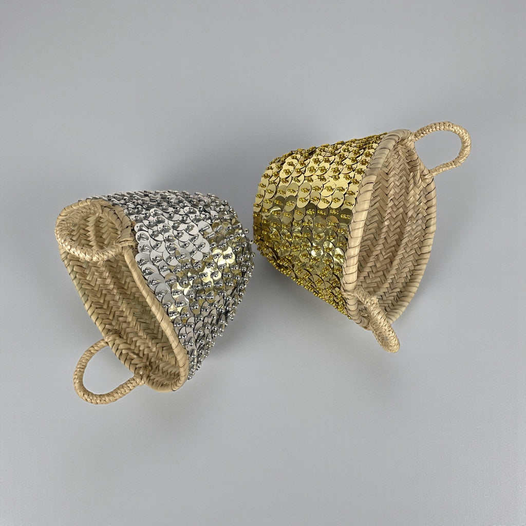 Sequin Straw Basket Set Gold Silver Boho Storage Decor