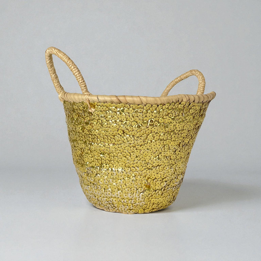 Sequin Straw Basket Mini Tote - Handmade Woven Gift Bag