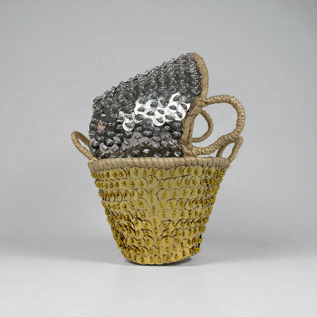 Sequin Straw Basket Set Gold Silver Boho Storage Decor