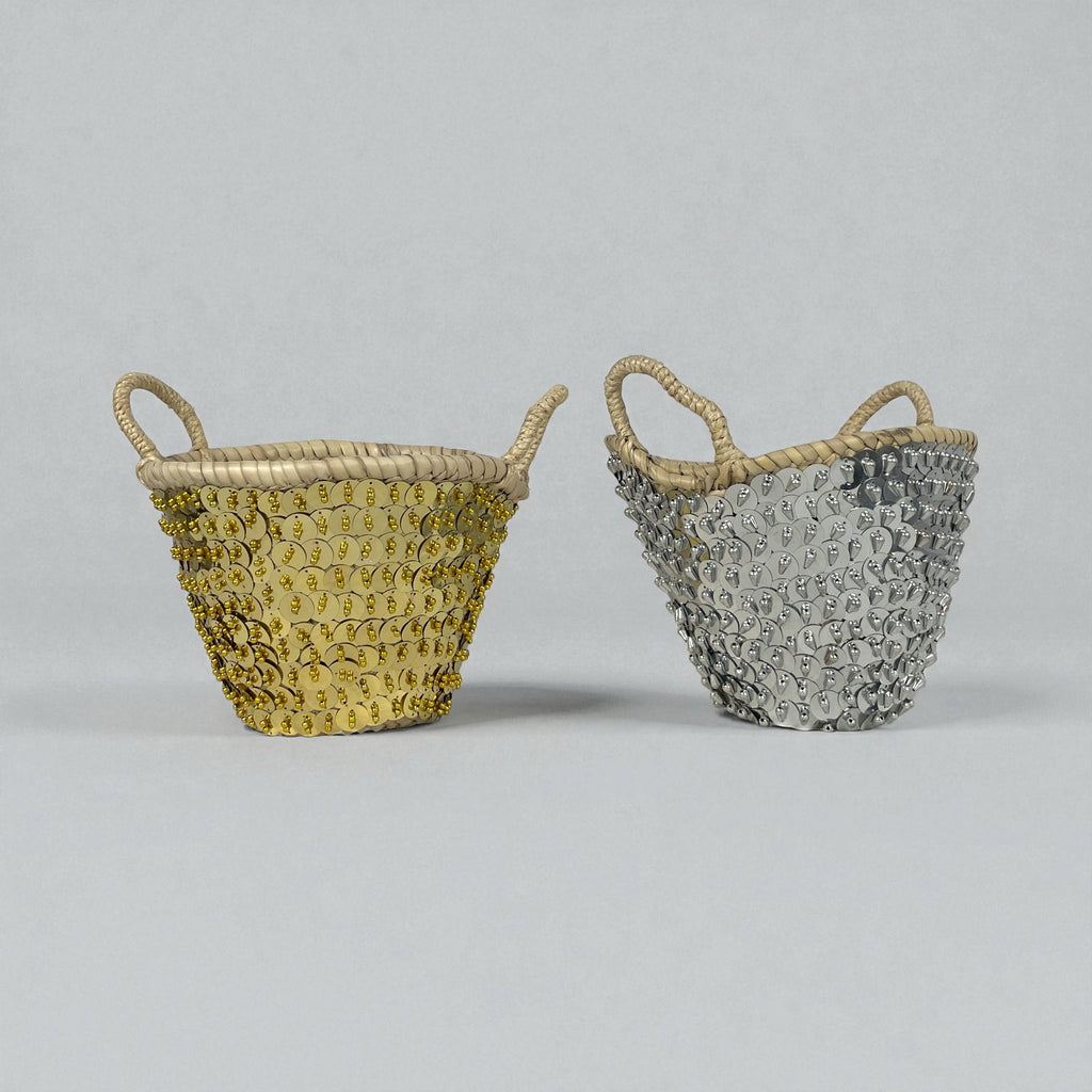 Sequin Straw Basket Set Gold Silver Boho Storage Decor