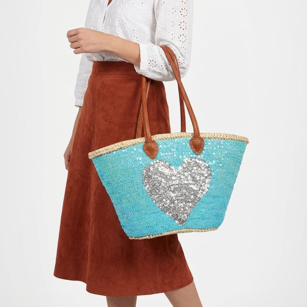 Sequin Heart Straw Beach Bag - Turquoise Market Tote