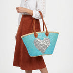 Sequin Heart Straw Beach Bag - Turquoise Market Tote