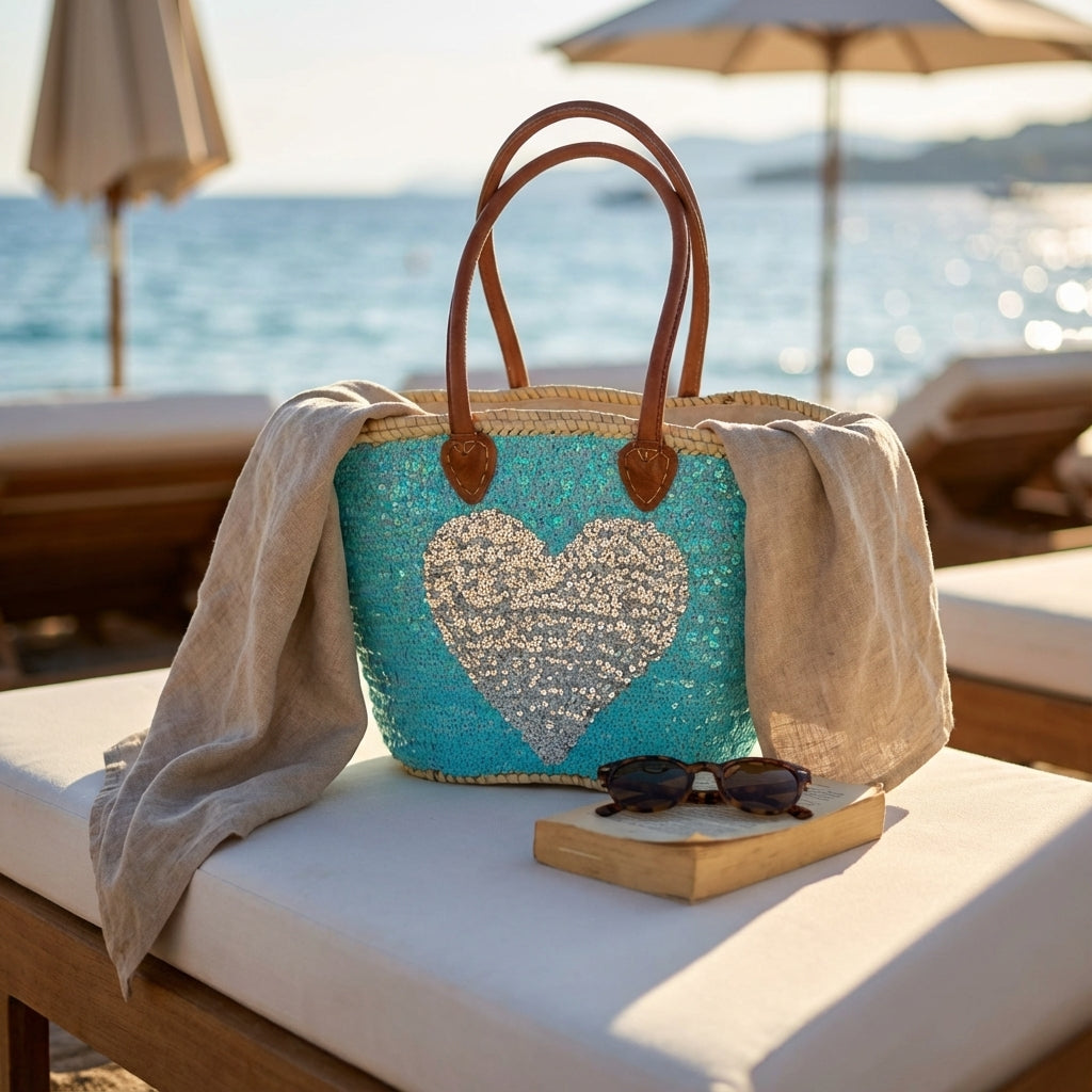 Sequin Heart Straw Beach Bag - Turquoise Market Tote