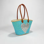 Sequin Heart Straw Beach Bag - Turquoise Market Tote
