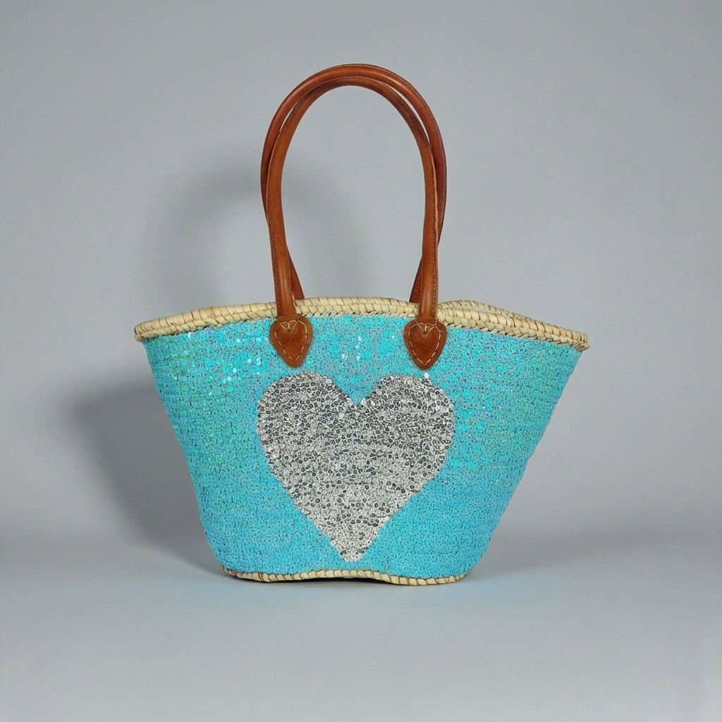 Sequin Heart Straw Beach Bag - Turquoise Market Tote