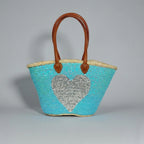 Sequin Heart Straw Beach Bag - Turquoise Market Tote