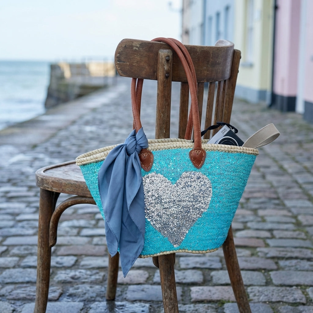 Sequin Heart Straw Beach Bag - Turquoise Market Tote