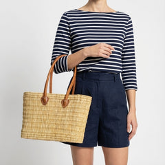 Classic Straw Basket Bag - Tote with Genuine Leather Handles
