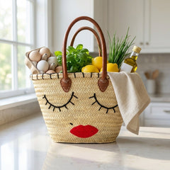 Straw Beach Bag – Woven Market Tote, Leather Handle