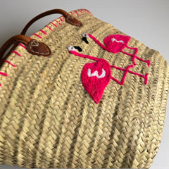 Handwoven Flamingo Straw Tote Bag with Leather Straps