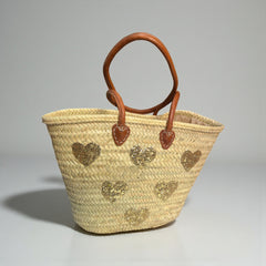 Gold Glitter Heart Straw Tote Bag with Leather Handles - Summer Beach Handbag