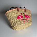 Flamingo Straw Tote Bag, Embroidered Summer Beach Basket Leather Handles
