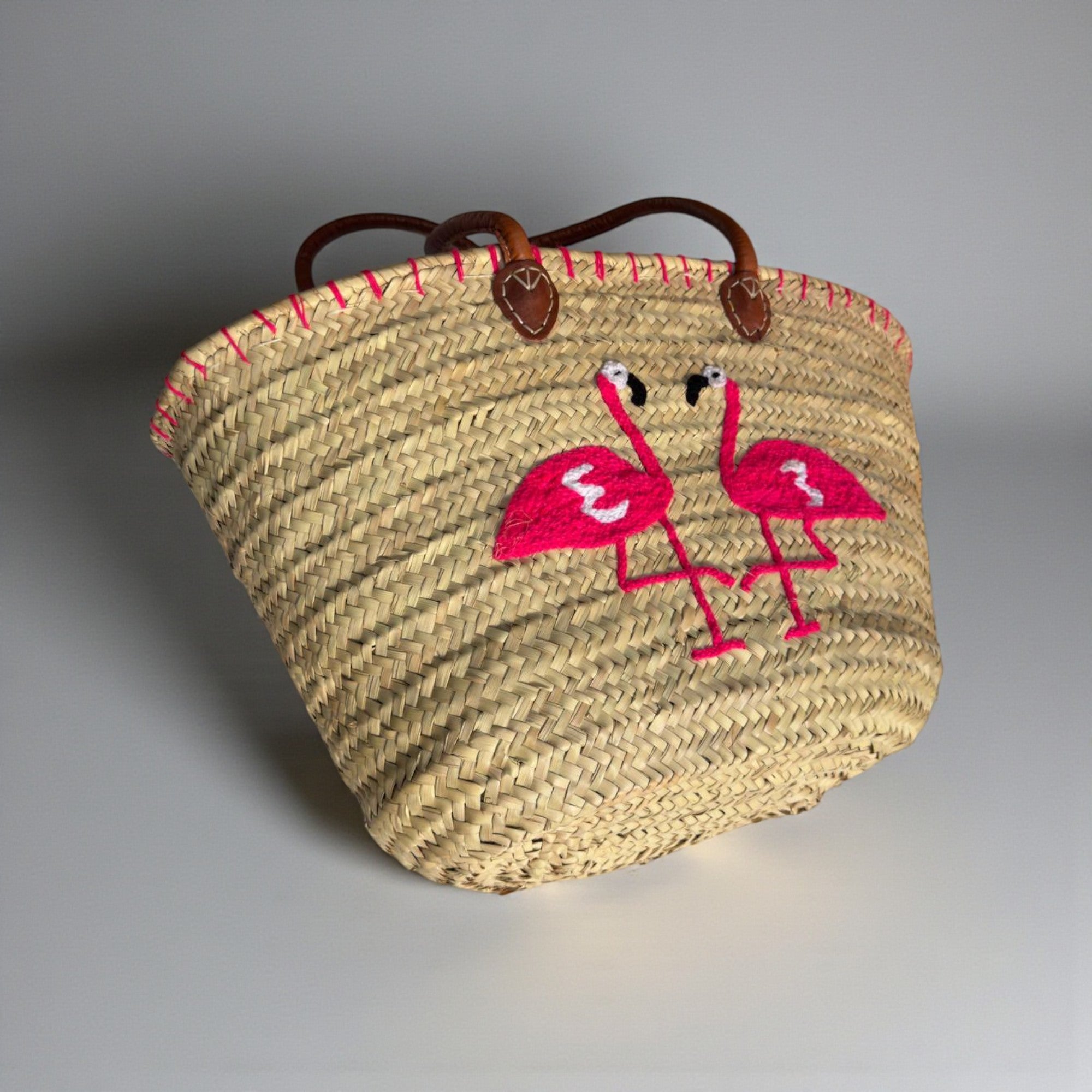 Flamingo Straw Tote Bag, Embroidered Summer Beach Basket Leather Handles