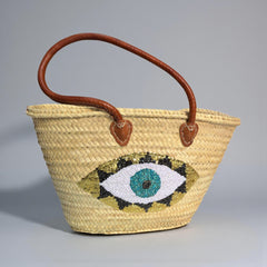 Evil Eye Straw Beach Bag with Leather Handles - Sequin Summer Tote