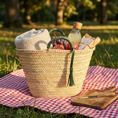 Woven Palm Leaf Market Basket Leather Handles Tassel