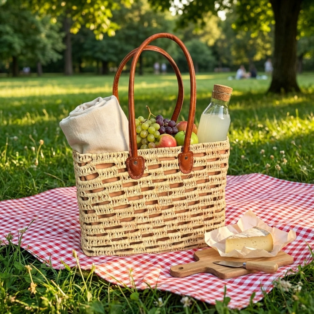 Woven Straw Tote Bag with Leather Handles Summer Beach Market Basket
