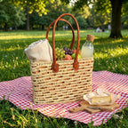Woven Straw Tote Bag with Leather Handles Summer Beach Market Basket