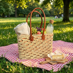 Staw Market Basket Tote – Woven Palm Leaves, Leather Handles