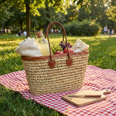 Raffia Tote – Woven Straw Basket Bag with Real Leather Trim