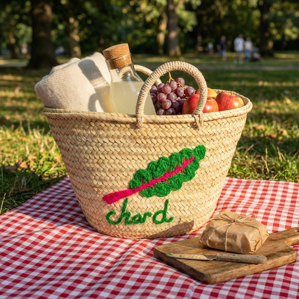 Embroidered Chard Straw Market Basket - Handwoven French Style Tote