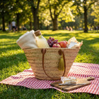 Gold Sequin Straw Tote - Handmade French Market Basket Leather Handles