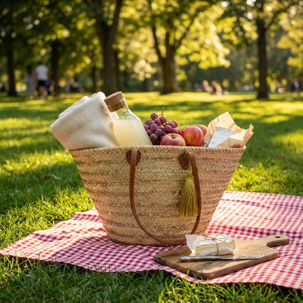 Gold Sequin Straw Tote - Handmade French Market Basket Leather Handles