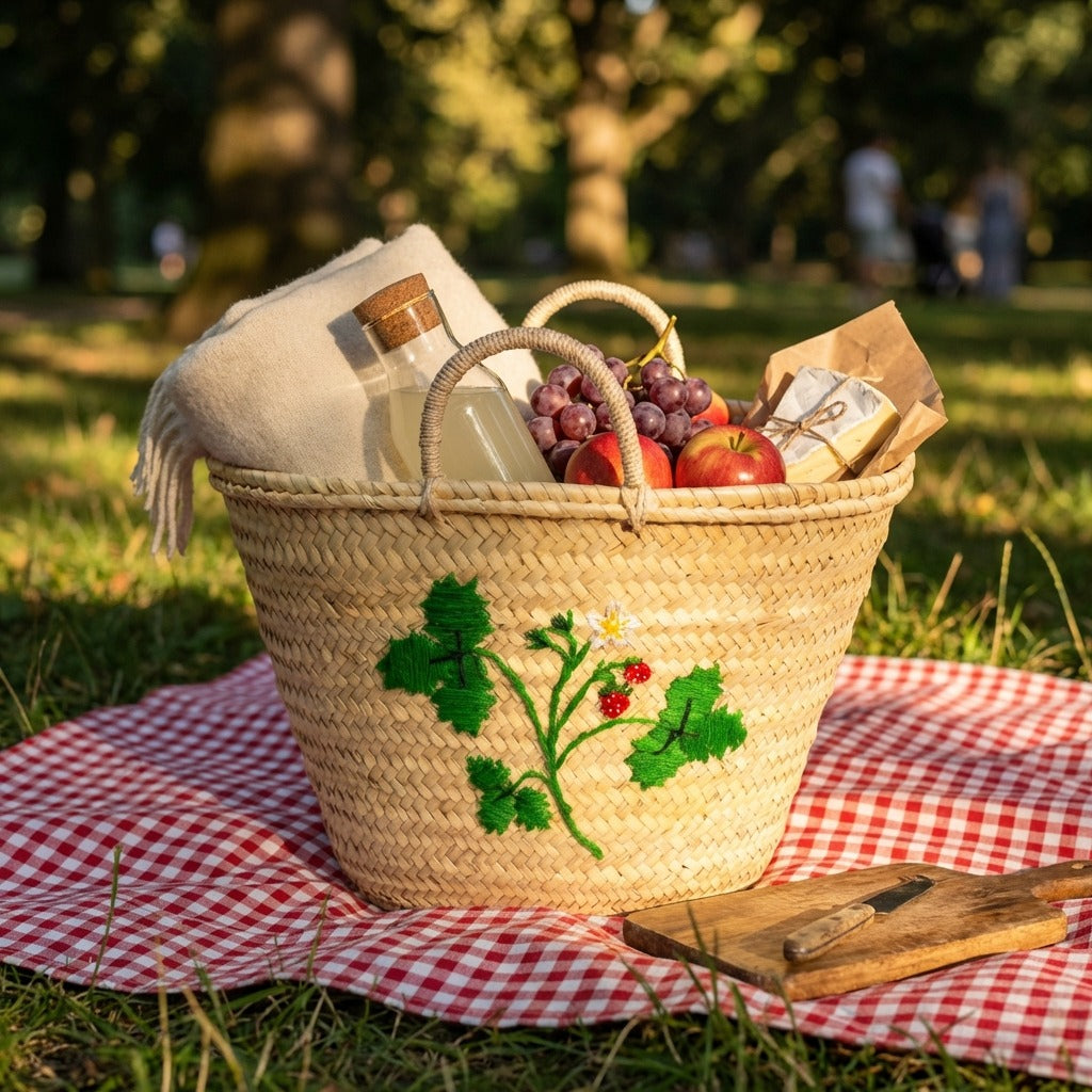 Strawberry Embroidered Straw Basket Bag - Handmade Market Tote