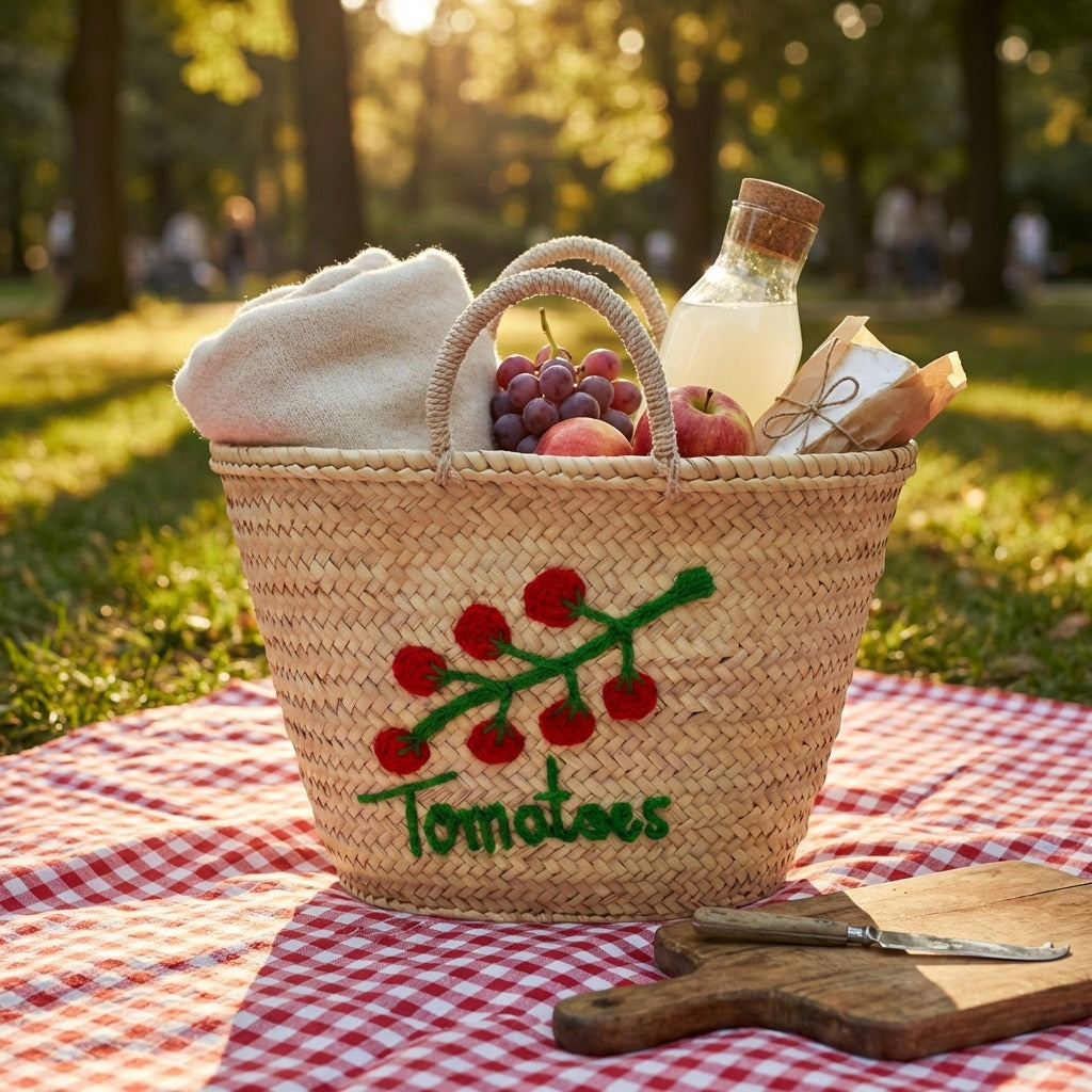 Tomato Embroidered Straw Basket - Handmade Woven Market Tote Bag