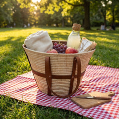 Raffia Market Basket Tote – Real Leather Straps, Woven Straw