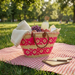 Handwoven Pink Arabesque Straw Tote Bag with Leather Handles & Pom Pom | Bohemian Beach Market Bag