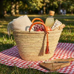 Woven Palm Leaf Market Basket Leather Handles Tassel