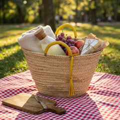 Woven Palm Leaf Market Basket Leather Handles Tassel