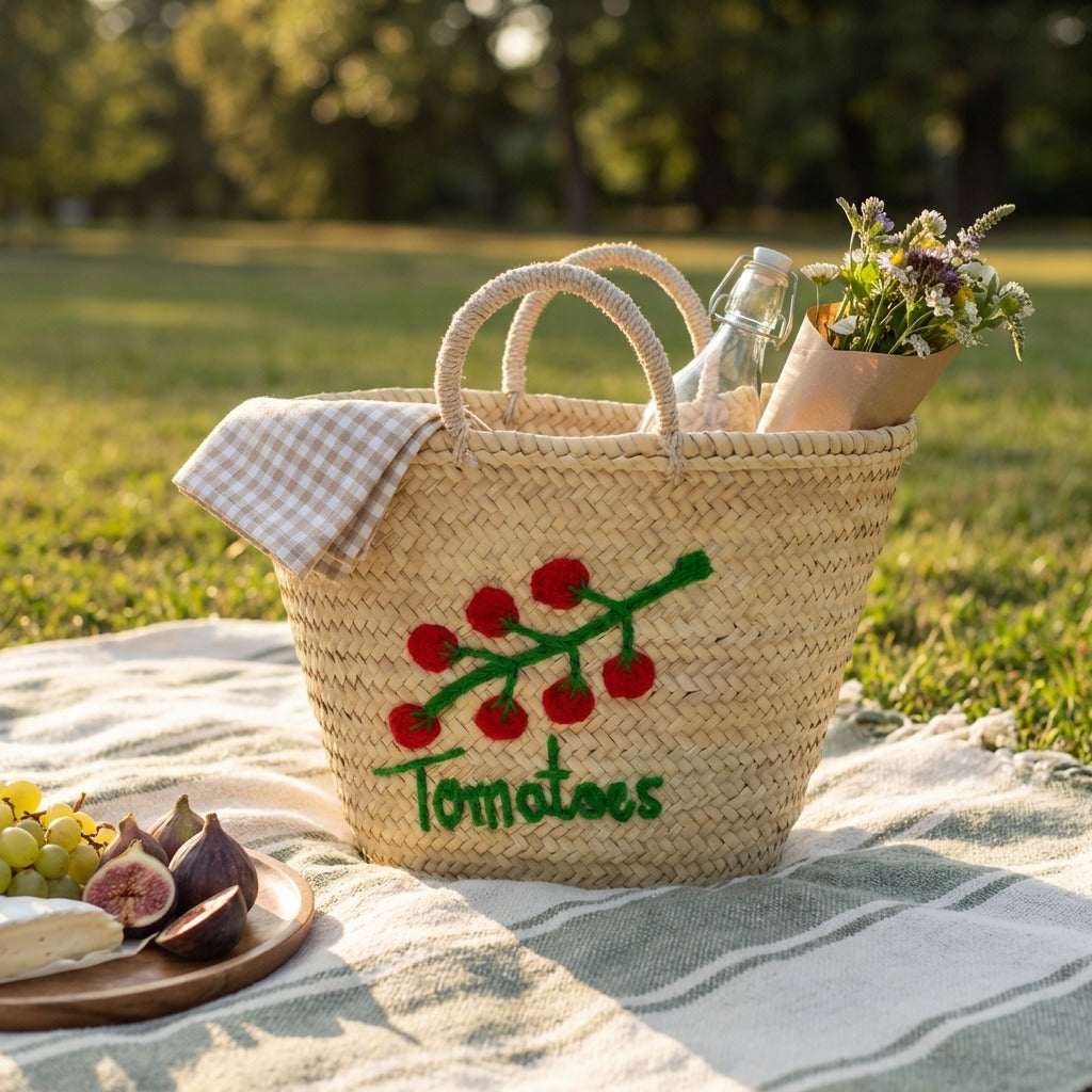 Tomato Embroidered Straw Basket - Handmade Woven Market Tote Bag