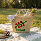 Tomato Embroidered Straw Basket - Handmade Woven Market Tote Bag
