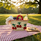 Woven Straw Cherry Basket Tote Bag with Red Pom Pom Details