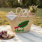 Embroidered Chard Straw Market Basket - Handwoven French Style Tote