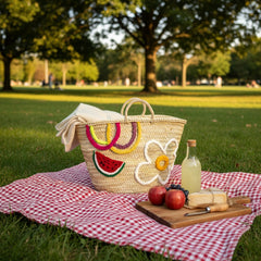 Embroidered Straw Market Basket - Watermelon & Daisy Tote