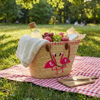 Flamingo Straw Tote Bag, Embroidered Summer Beach Basket Leather Handles