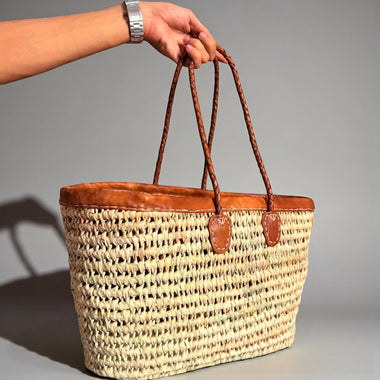 Raffia Tote – Woven Straw Basket Bag with Real Leather Trim