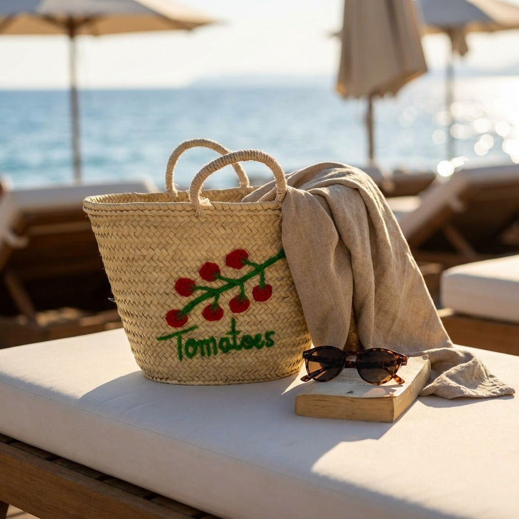 Tomato Embroidered Straw Basket - Handmade Woven Market Tote Bag