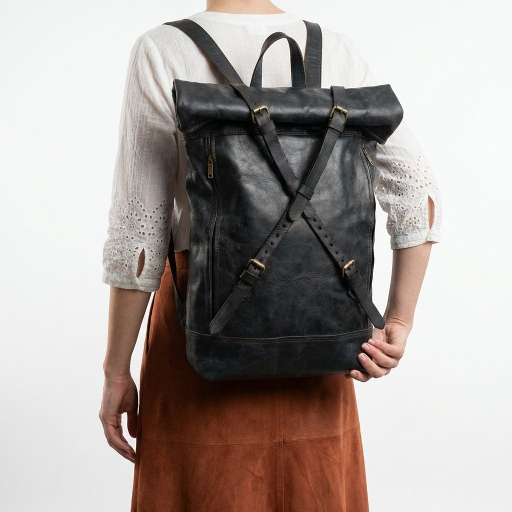 Vintage Leather Roll Top Backpack Handmade Laptop Travel Rucksack