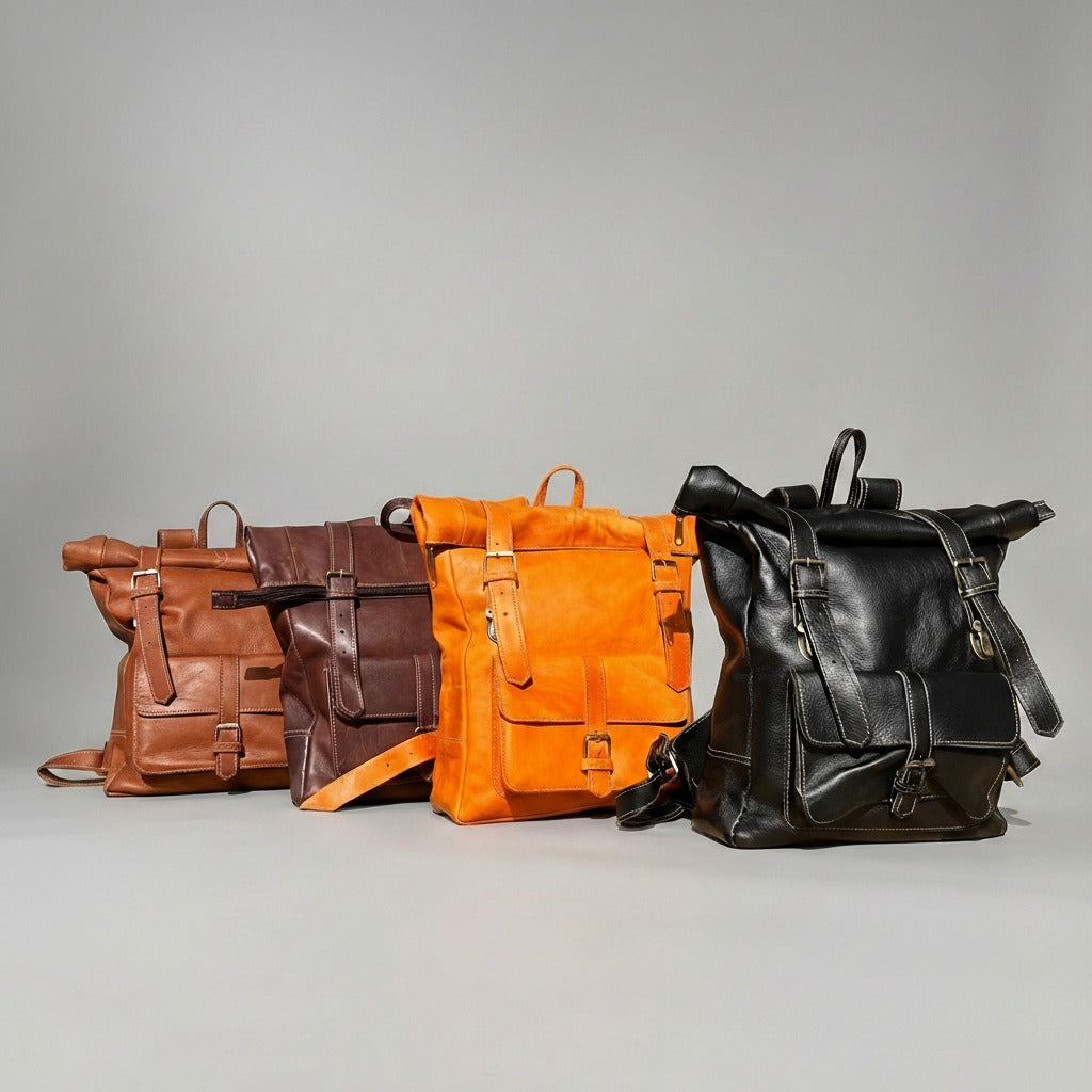 Vintage Leather Roll Top Backpack Large Travel Rucksack